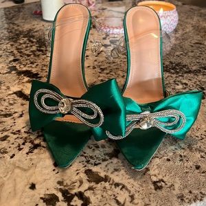 Green satin bow heels